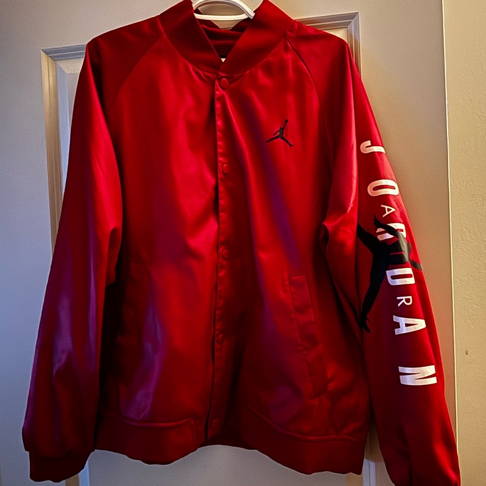 Jordan Red Satin Jacket with Black Jumpman and Sleeve Logo